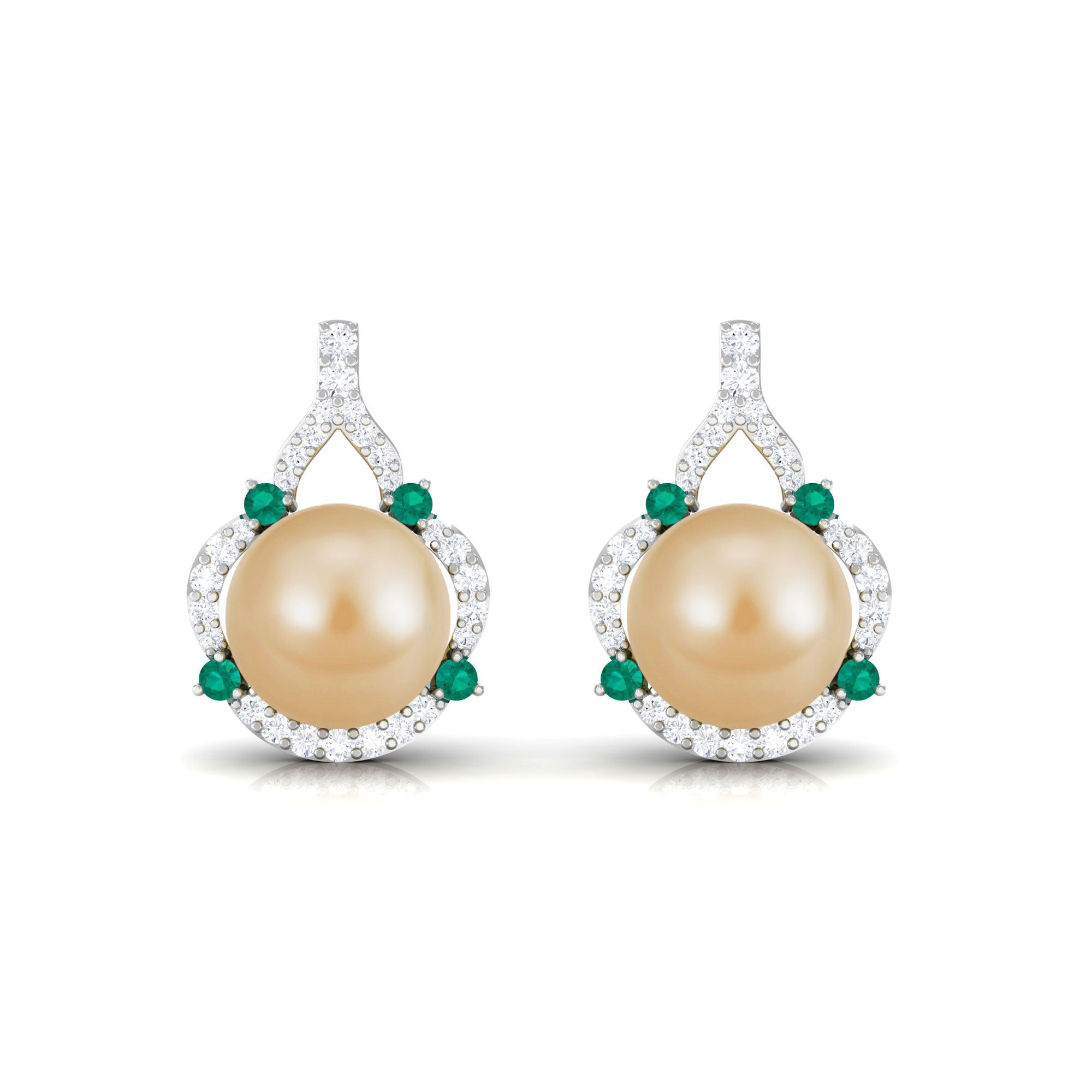 Vintage Golden Pearl Drop Earrings with Emerald and Diamond South Sea Pearl - ( AAA ) - Quality - Arisha Jewels