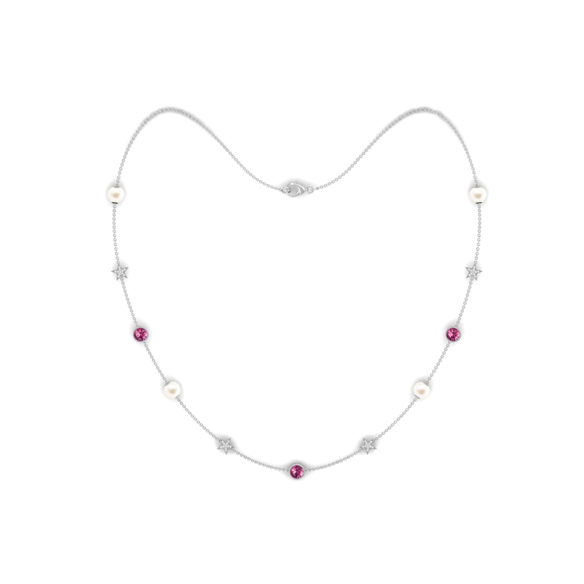 Freshwater Pearl Station Chain Necklace with Tourmaline and Diamond Freshwater Pearl-AAAA Quality - Arisha Jewels