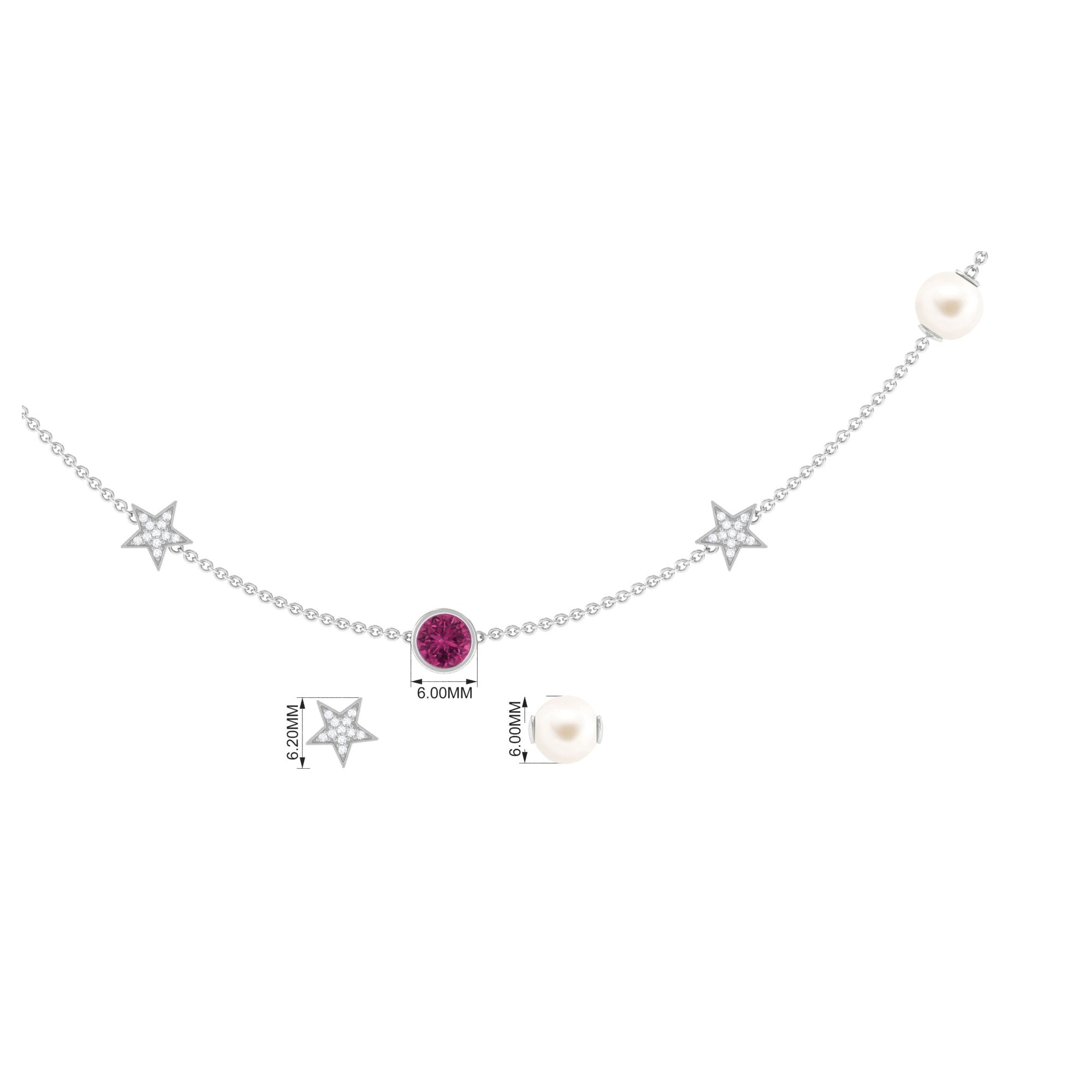 Freshwater Pearl Station Chain Necklace with Tourmaline and Diamond Freshwater Pearl-AAAA Quality - Arisha Jewels