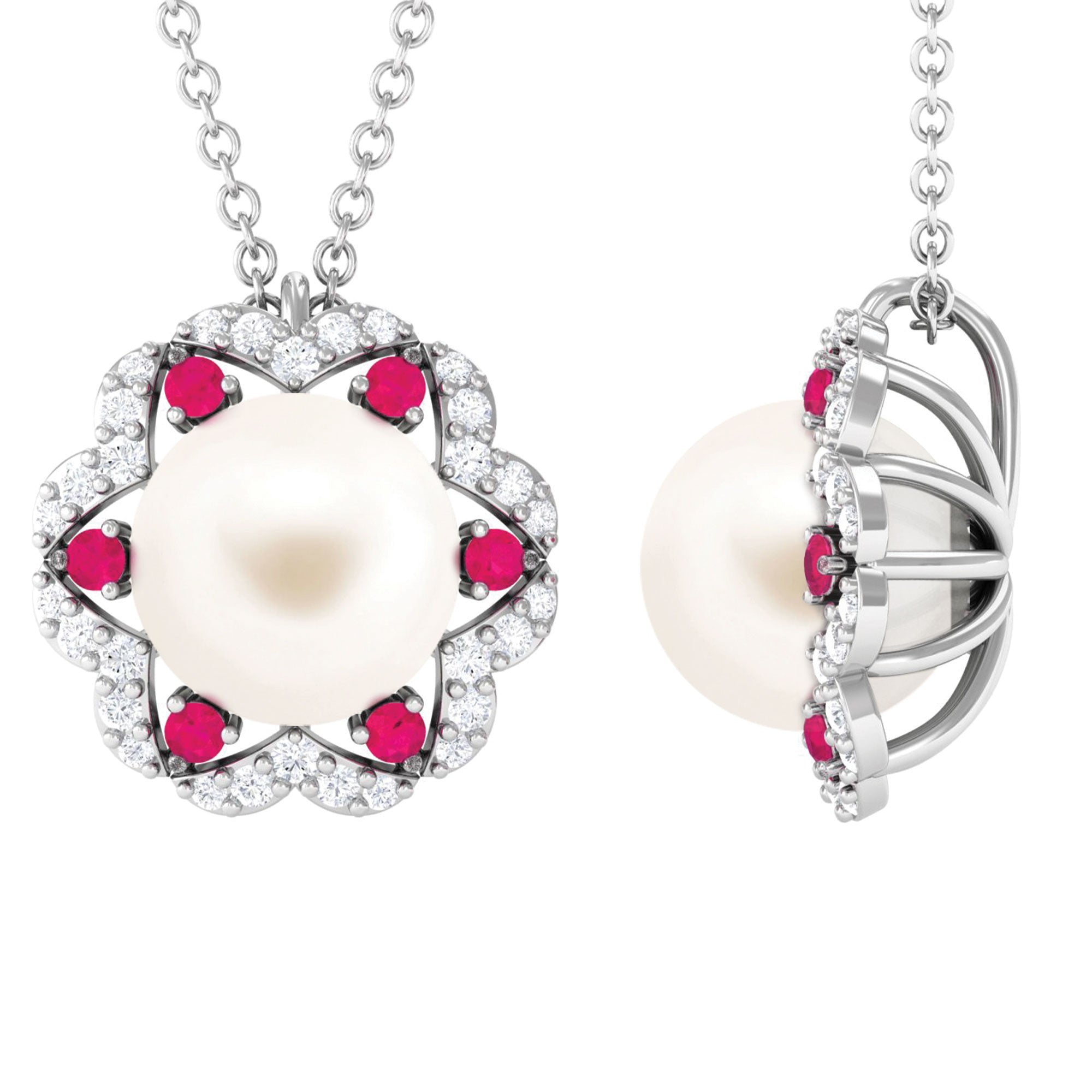 Arisha Jewels-White Freshwater Pearl Statement Pendant with Ruby and Diamond