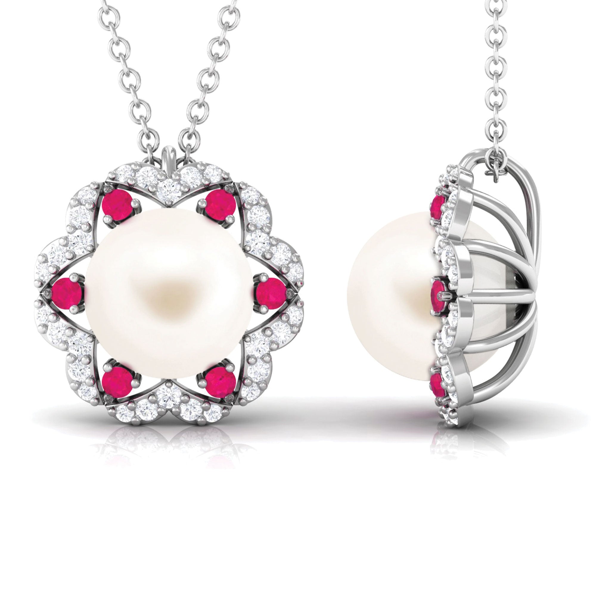 Arisha Jewels-White Freshwater Pearl Statement Pendant with Ruby and Diamond