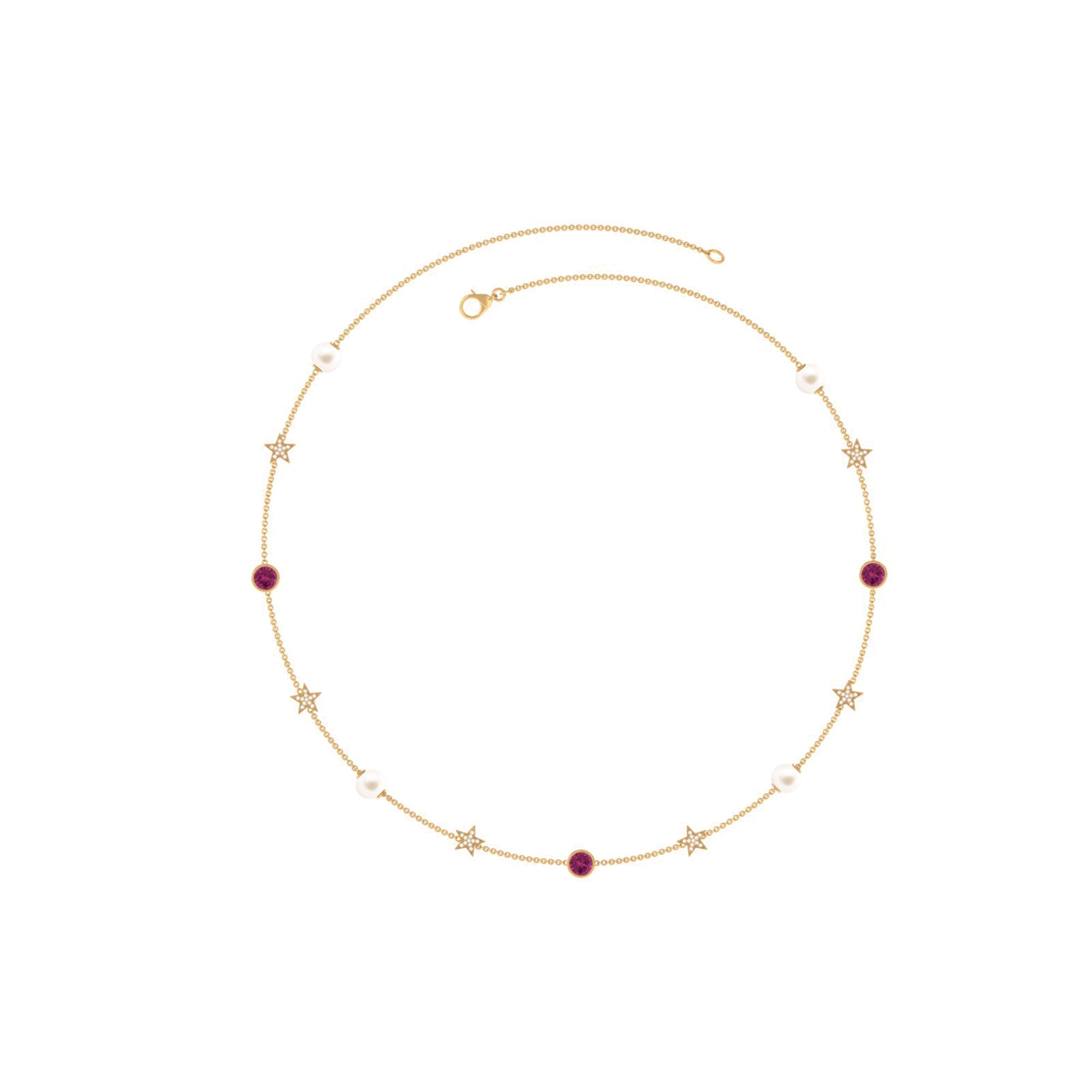 Freshwater Pearl Station Chain Necklace with Tourmaline and Diamond Freshwater Pearl-AAA Quality - Arisha Jewels