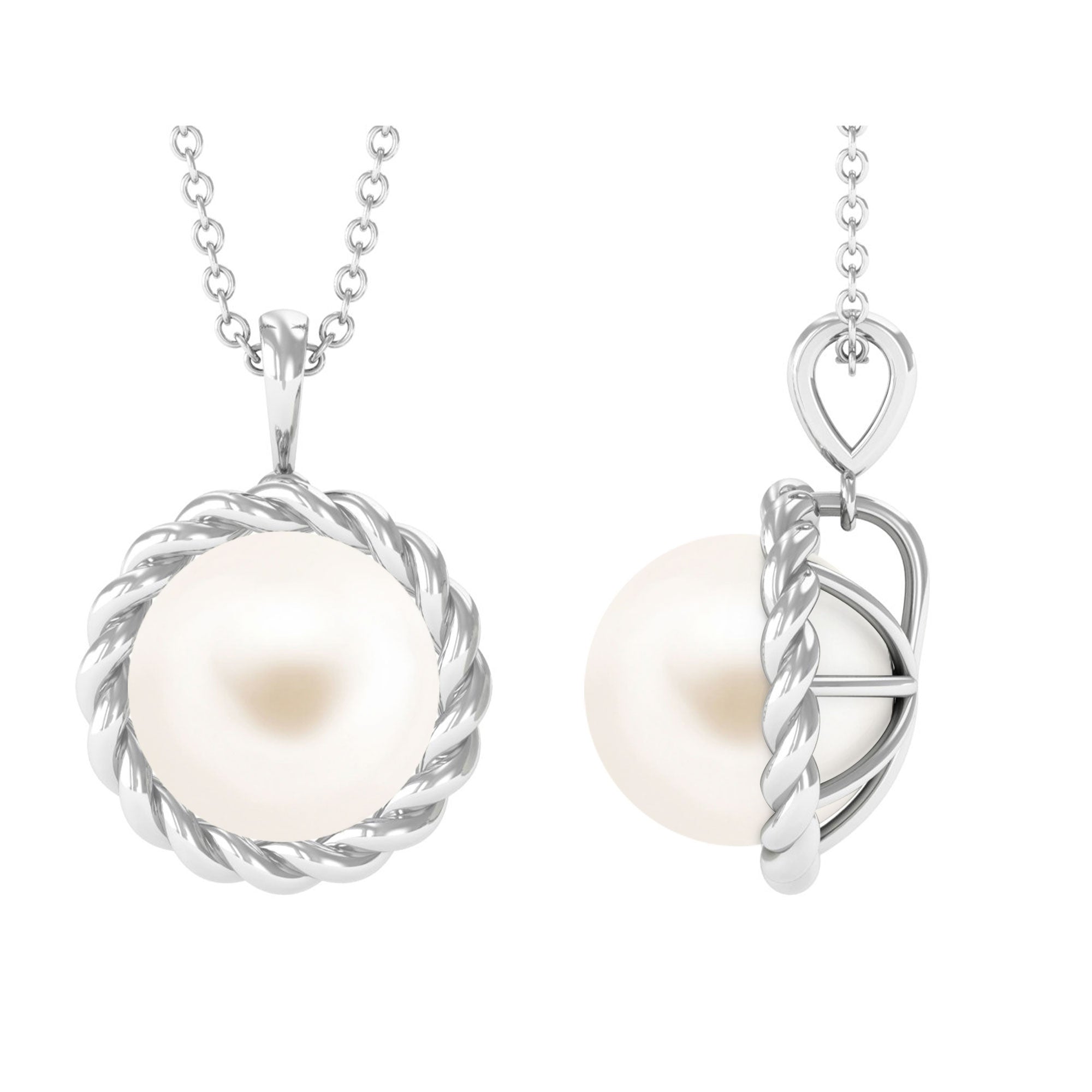 Arisha Jewels-Solitaire White Pearl Pendant in Twisted Rope Frame