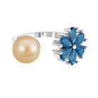 Nature Inspired South Sea Pearl Cuff Ring with Blue Topaz Flower South Sea Pearl-AAAA Quality - Arisha Jewels