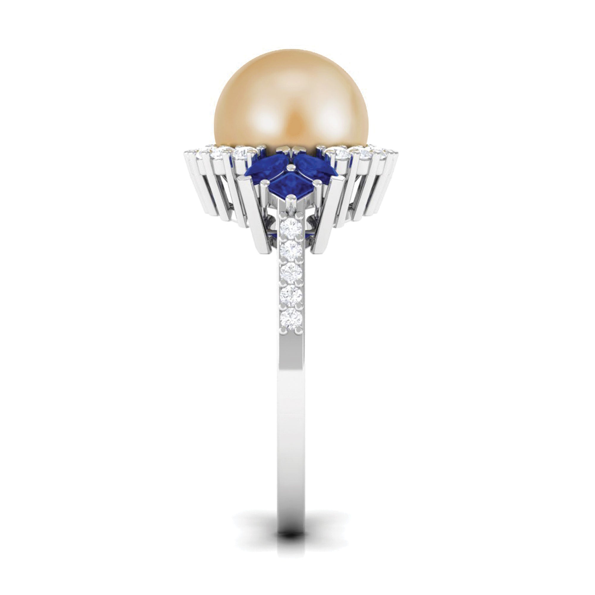 Golden Pearl Cocktail Halo Ring with Sapphire and Diamond South Sea Pearl-AAA Quality - Arisha Jewels