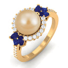 Golden Pearl Cocktail Halo Ring with Sapphire and Diamond South Sea Pearl-AAA Quality - Arisha Jewels